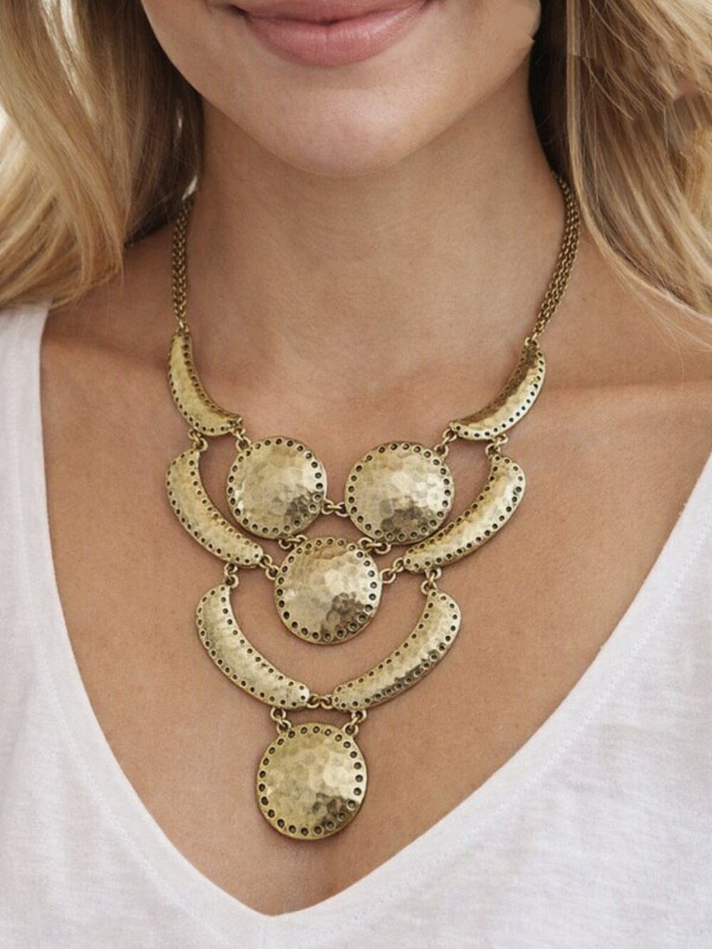Signed Lucky Brand Brass Chandelier Medallion Multi‑Strand Bib Choker Necklace